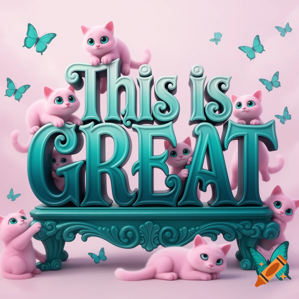 Cute pink kittens with teal eyes play on ornate teal 3D text reading 'This is GREAT' with teal butterflies on a pink background, in a cartoon style.