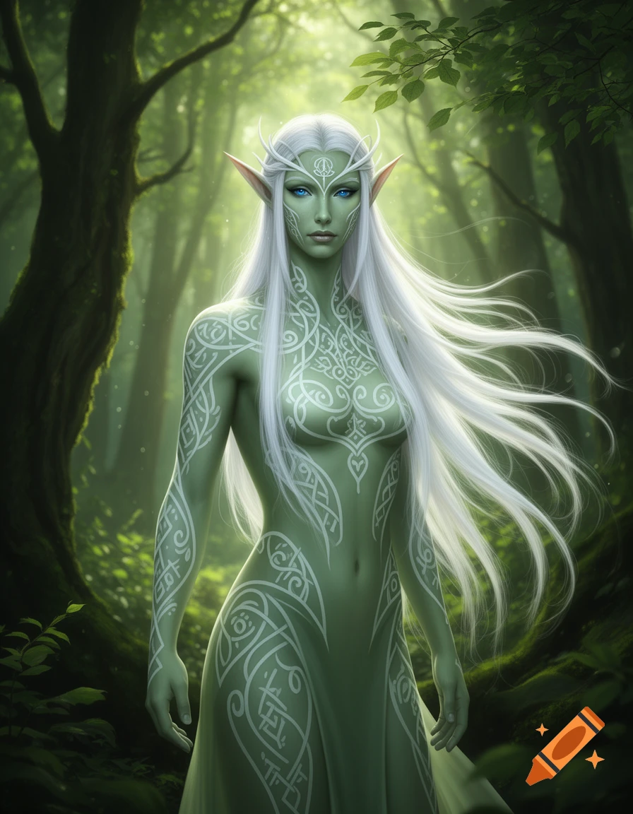 A tall eladrin elf with pale green skin, long white hair, bright blue eyes, and white regal tattoos stands in a mystical forest.