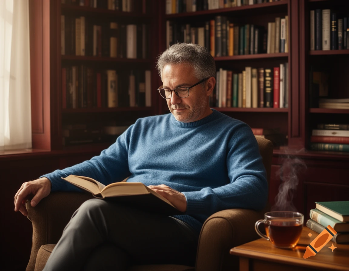 A man with graying hair and glasses sits in an armchair, reading an open book in a cozy library. A steaming cup of tea is on a side table.