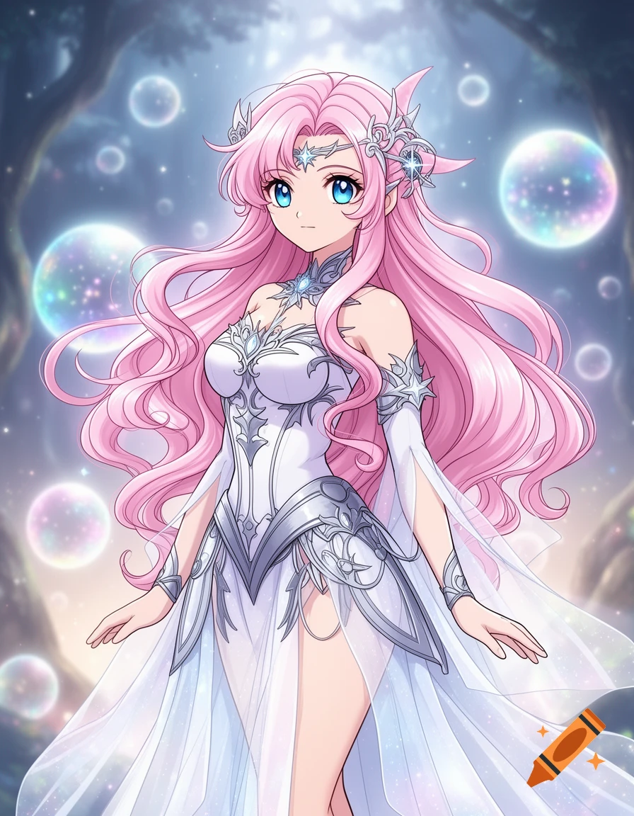 Anime female character with long pink hair, blue eyes, ornate white and silver fantasy gown, in a magical forest with glowing bubbles.