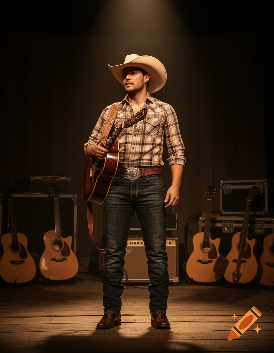 A man in a cowboy hat, plaid shirt, and jeans stands on a stage holding an acoustic guitar, illuminated by a spotlight.