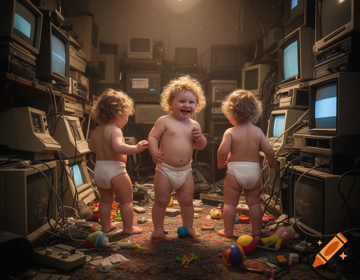 Three happy babies in diapers playing amidst a cluttered room full of vintage computers and electronics, bathed in warm light.