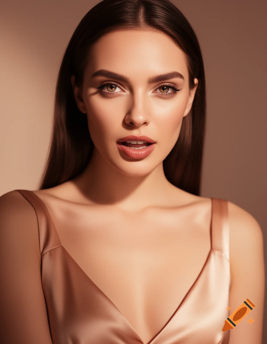 Photorealistic portrait of a woman with long dark hair, light brown eyes, and an open mouth, wearing a beige satin top.
