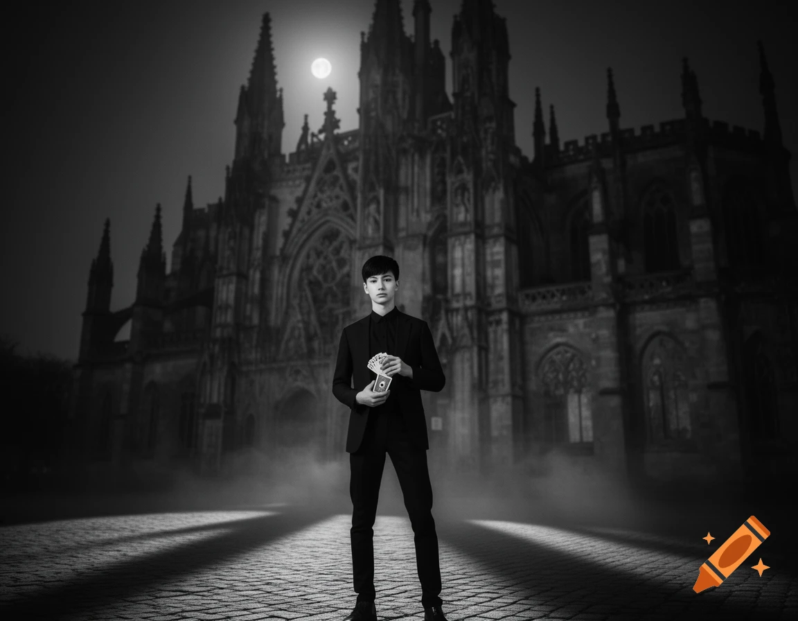 A mysterious young man holding a deck of cards stands before a moonlit gothic castle at night in grayscale.