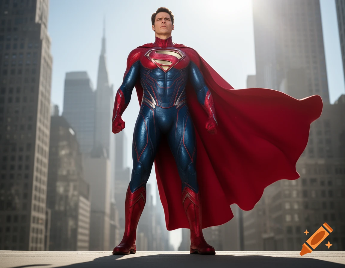 A powerful, photorealistic Superman in his iconic red and blue suit with a flowing red cape stands in a sunlit city.