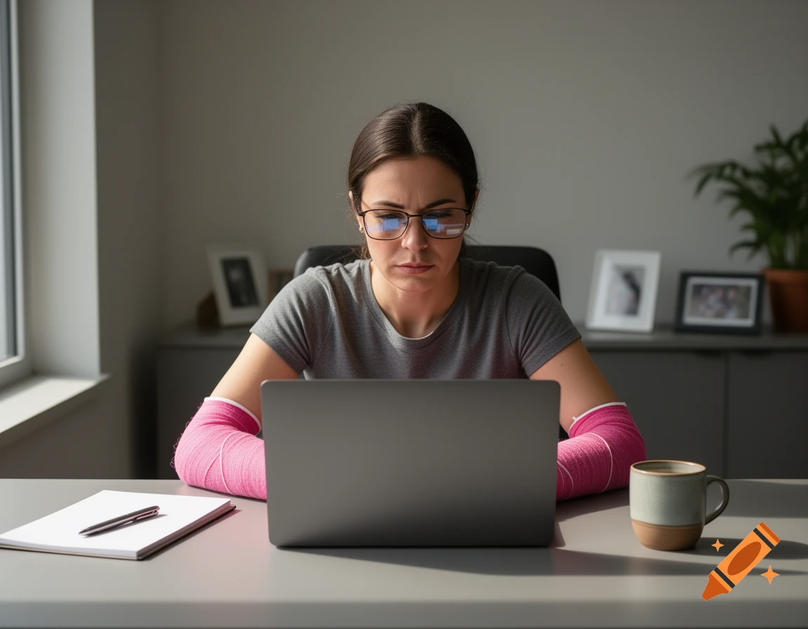 A woman in a grey t-shirt and glasses, wearing pink arm casts, looks intently at a laptop on a desk.