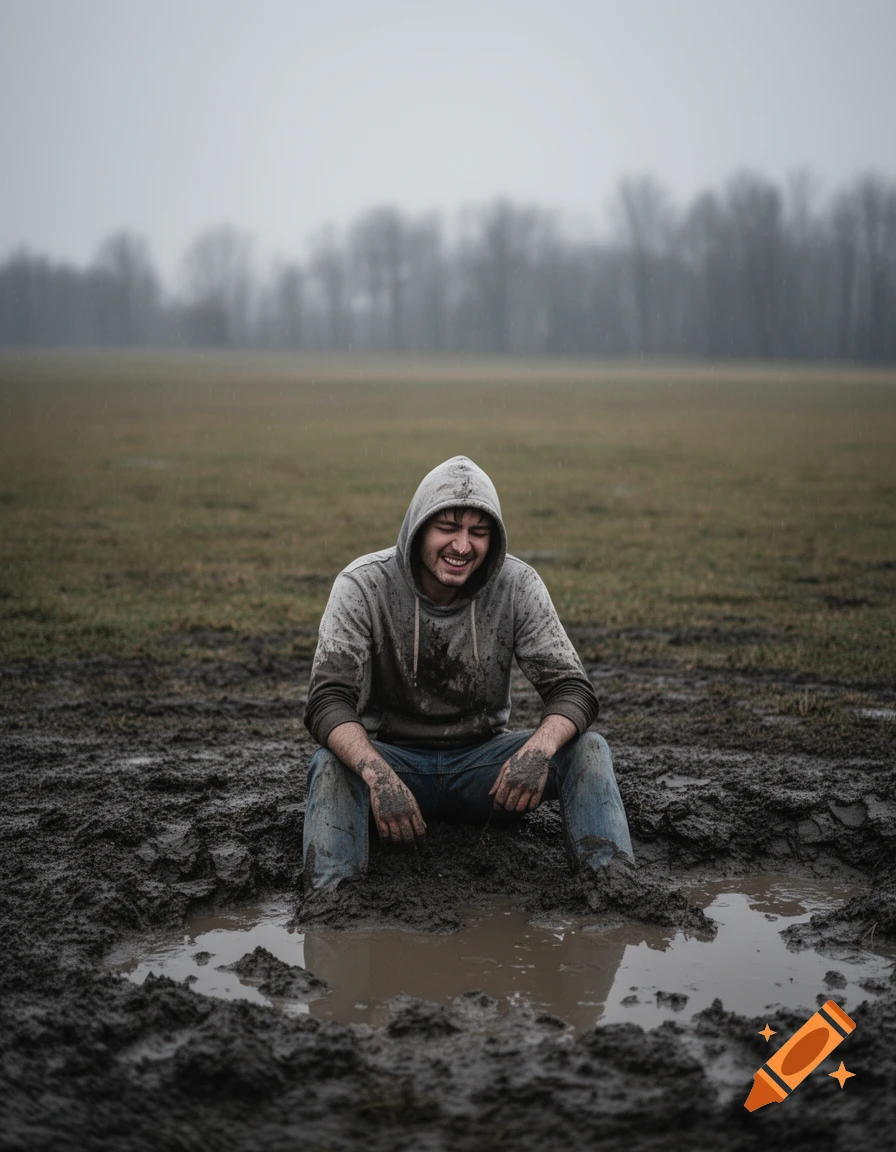 Smiling man in a muddy hoodie and jeans sits in a mud puddle in a field on a cloudy day, photorealistic style.