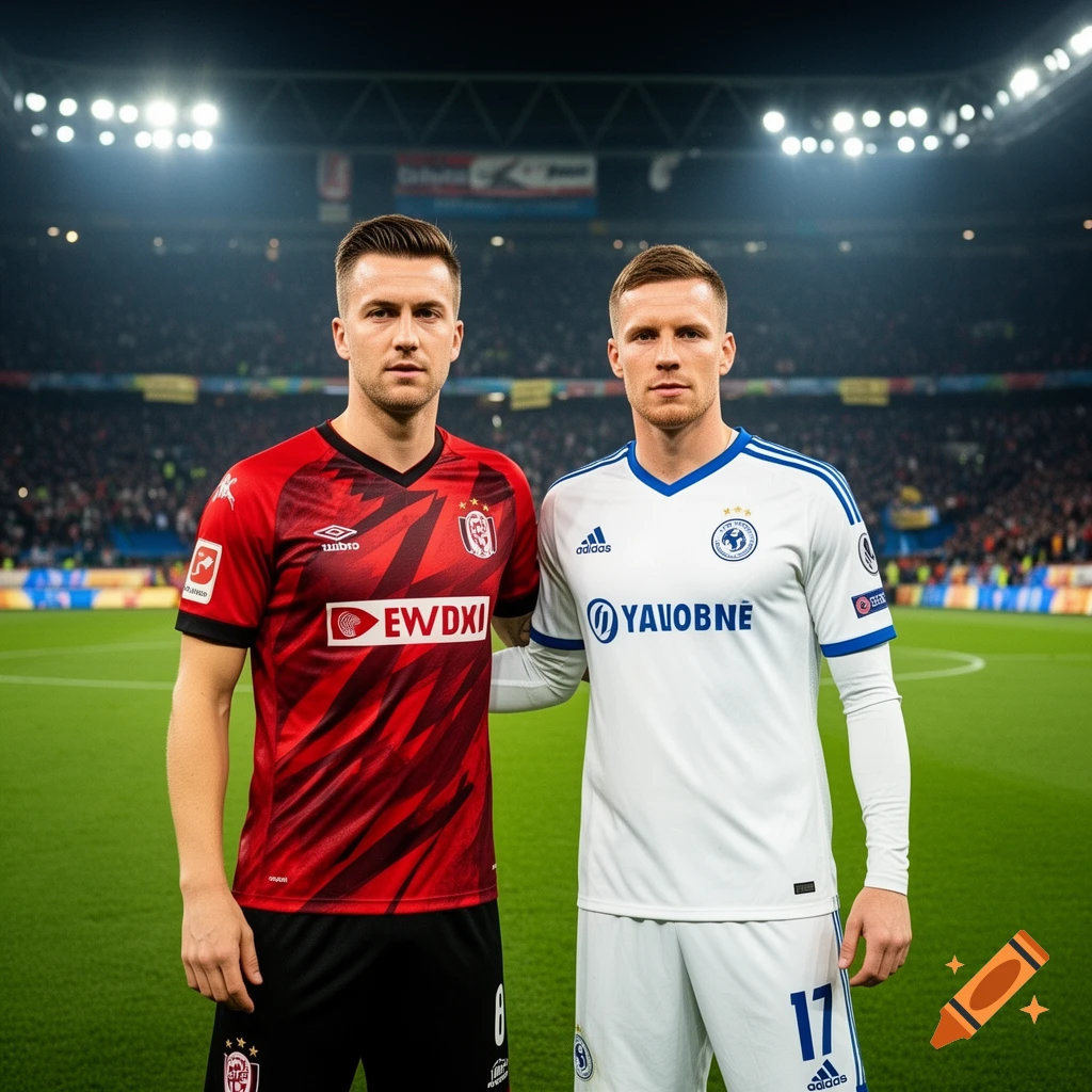 Two male soccer players, one in red and one in white jersey, stand arm-in-arm on a stadium field at night, photorealistic.