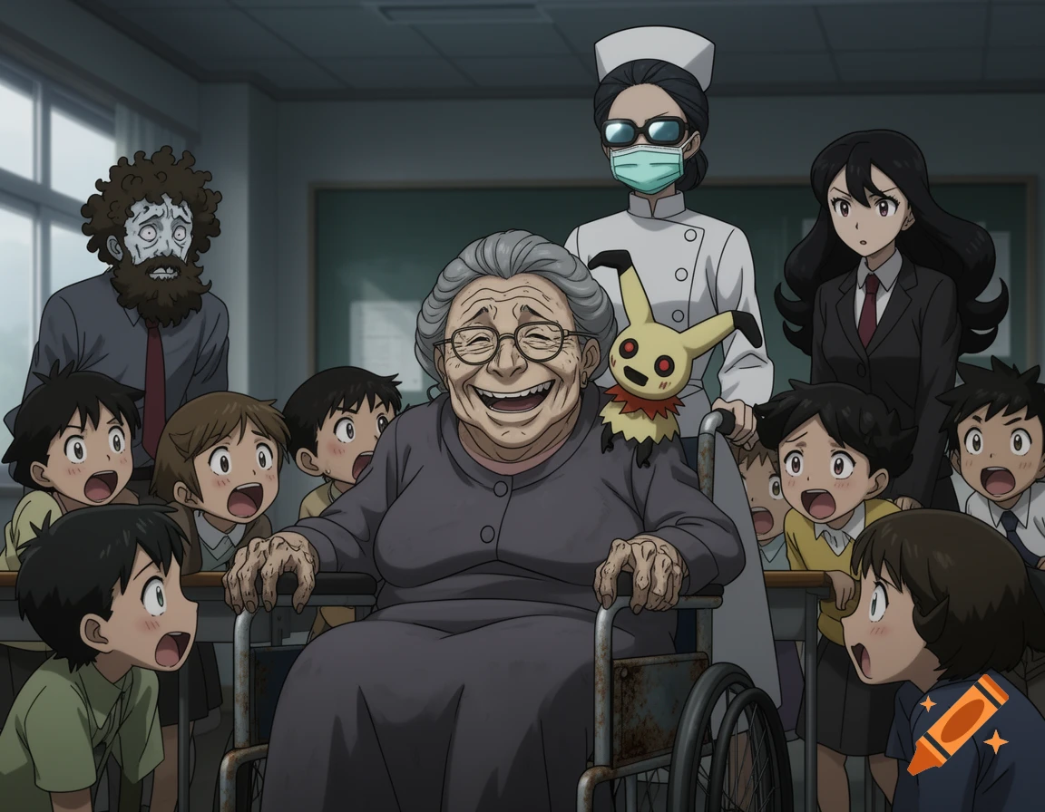 Anime: An old granny in a wheelchair with a Mimikyu reads to wide-eyed children in a classroom, observed by a nurse and teachers.