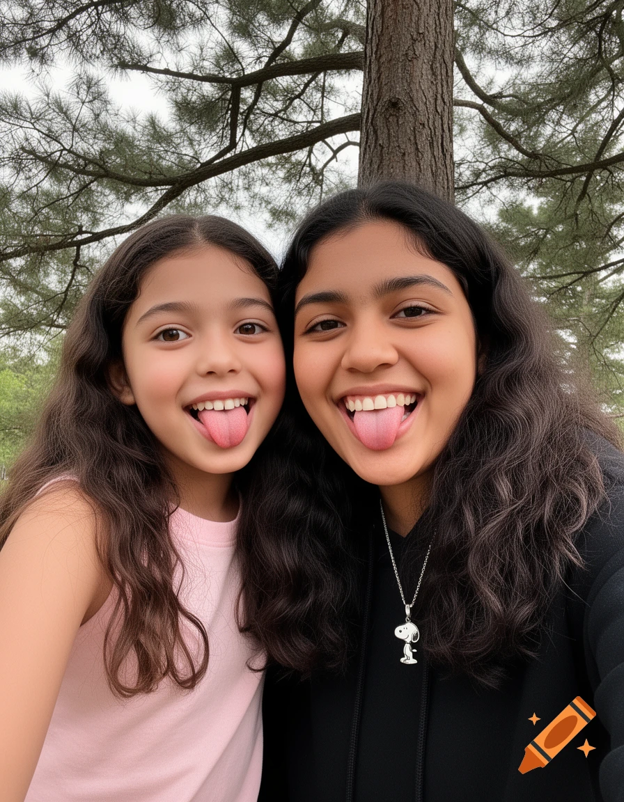 Two smiling girls, one younger with light pink shirt and one older in black hoodie with Snoopy necklace, playfully stick out their tongues in a close-up outdoor selfie with pine trees in the background.