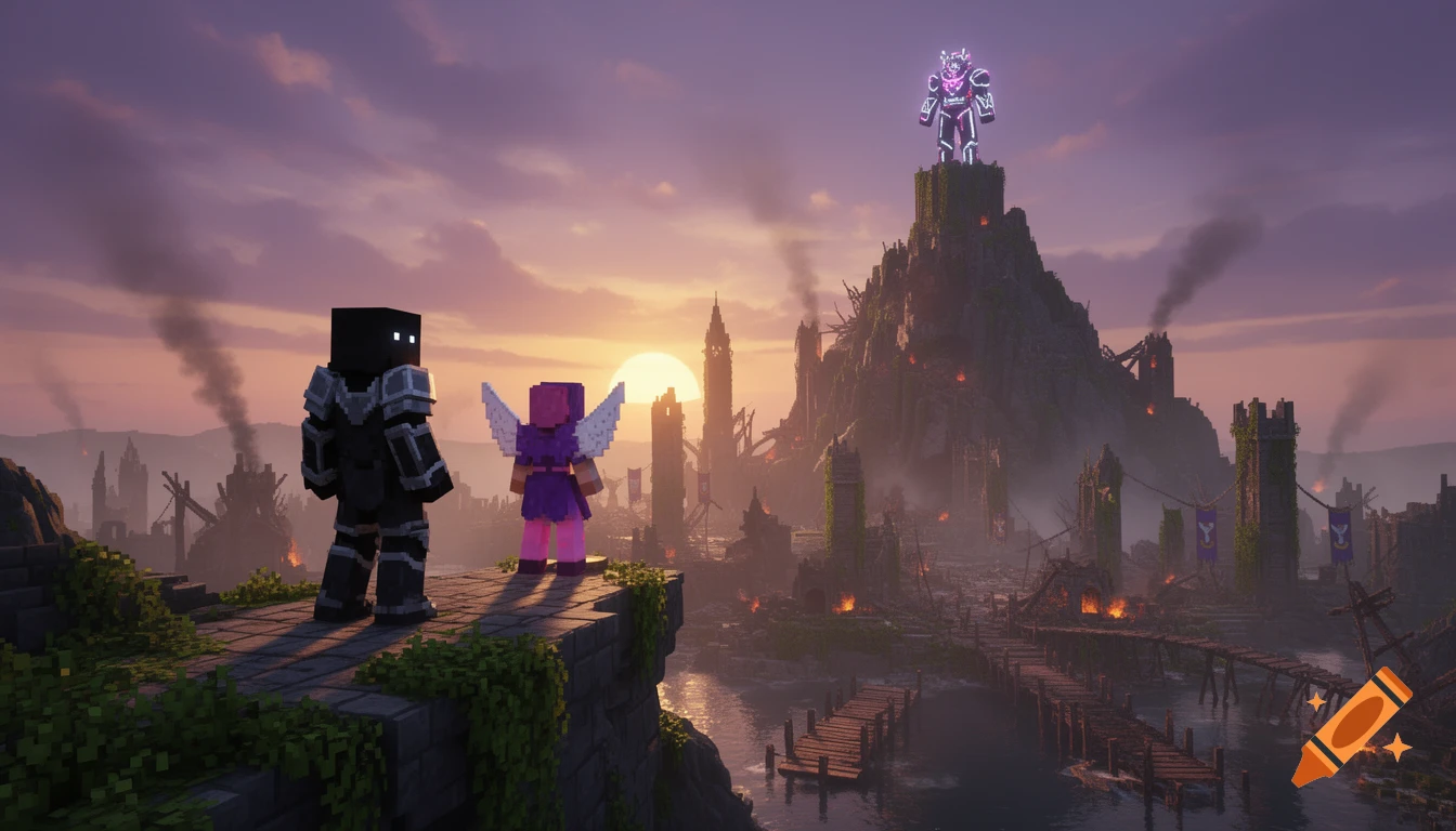 Two Minecraft-style characters overlook a ruined kingdom at sunset, with a glowing armored figure on a distant peak.