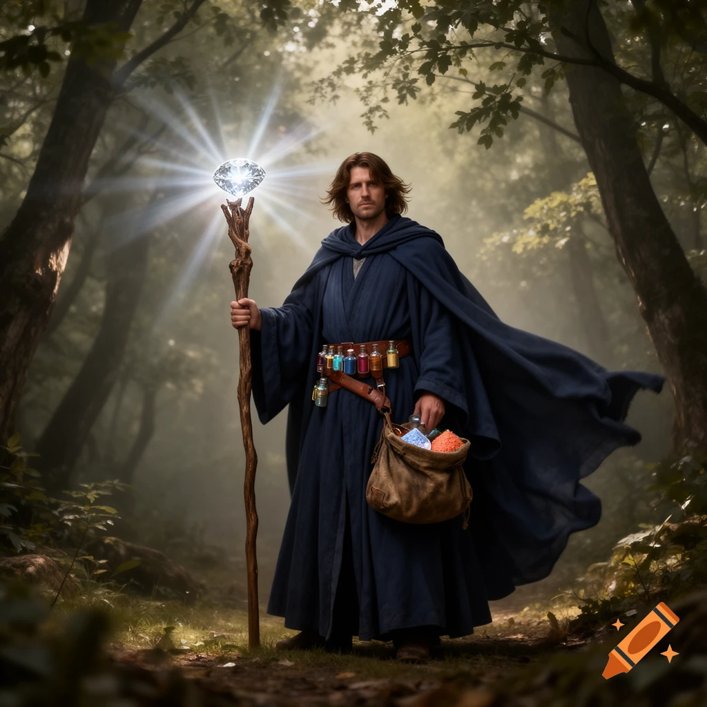 Photorealistic wizard in a blue robe stands in a misty forest, holding a glowing diamond staff, with spell bottles on his belt.