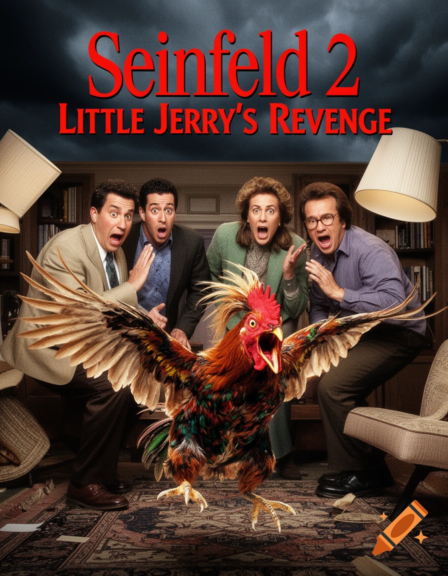 A photorealistic movie poster for 'Seinfeld 2: Little Jerry's Revenge' showing four terrified people reacting to a large, attacking rooster in a messy room.