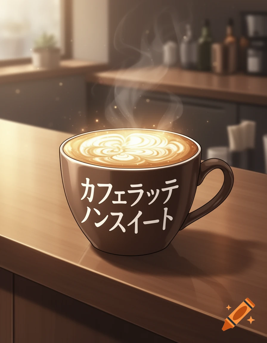 A steaming brown coffee cup with delicate latte art and Japanese text sits on a wooden counter in a cafe.