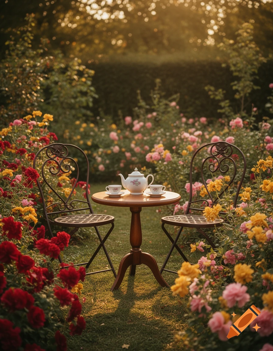 A picturesque garden tea setting with a small wooden table, two wrought iron chairs, a teapot, and teacups surrounded by vibrant red, yellow, and pink flowers in soft sunlight.