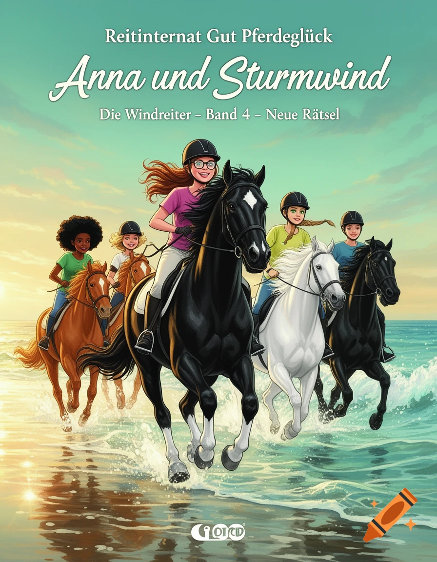 Illustrated book cover titled "Anna und Sturmwind" featuring four young riders on horses galloping through the ocean at sunset.
