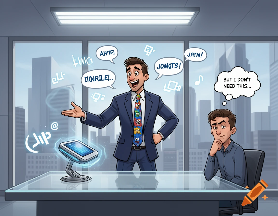 A cartoon IT sales guy enthusiastically presents a futuristic tablet with gibberish speech, while a skeptical customer thinks, "But I don't need this..." in an office overlooking a city.