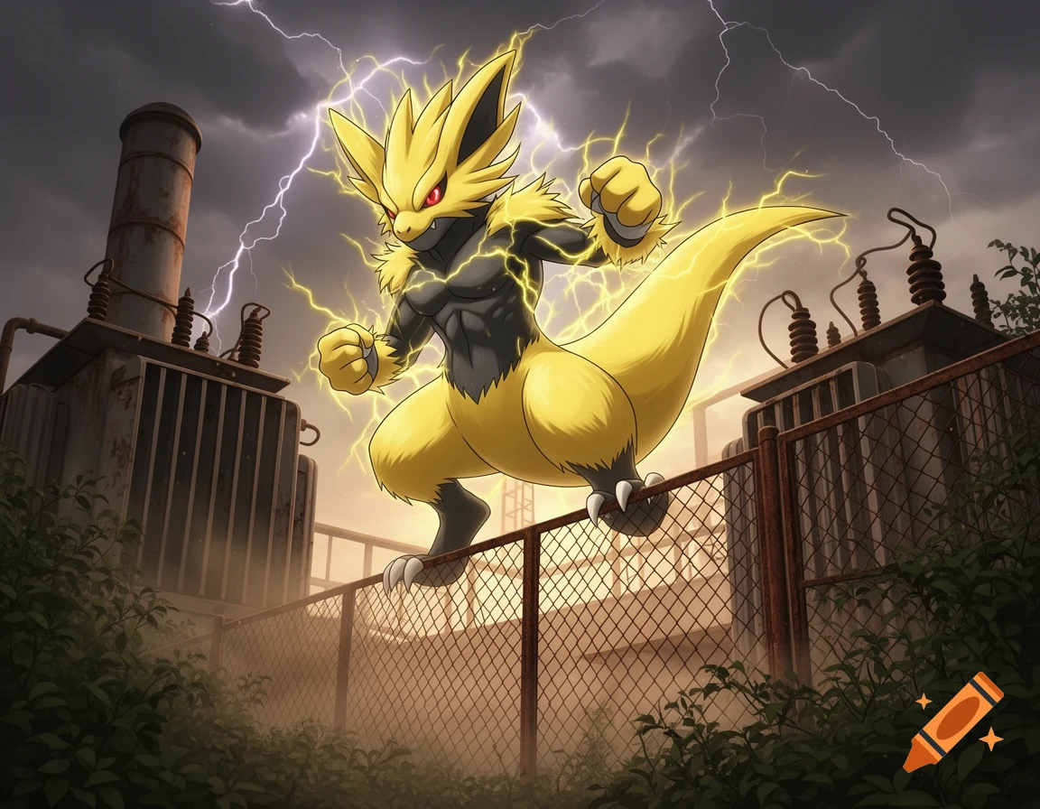 A yellow and black Electabuzz and Kangaskhan fusion Pokémon surrounded by lightning, jumping over a fence at an abandoned power plant under a stormy sky, in anime style.