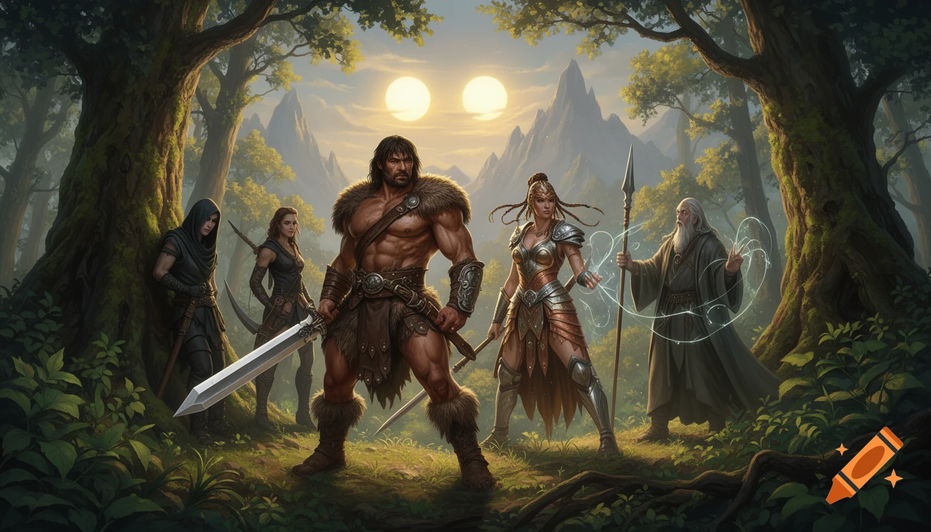 A team of fantasy heroes including a barbarian, thief, warrior woman, and sorcerer stand in a magical forest with two suns.