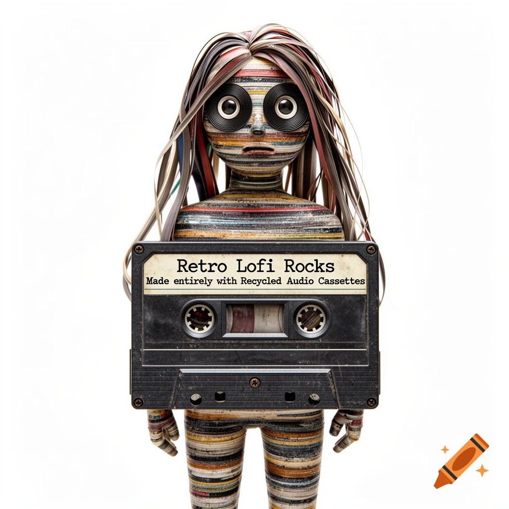A humanoid figure made of layered audio cassette tapes holding a vintage cassette with 'Retro Lofi Rocks' text on a white background.