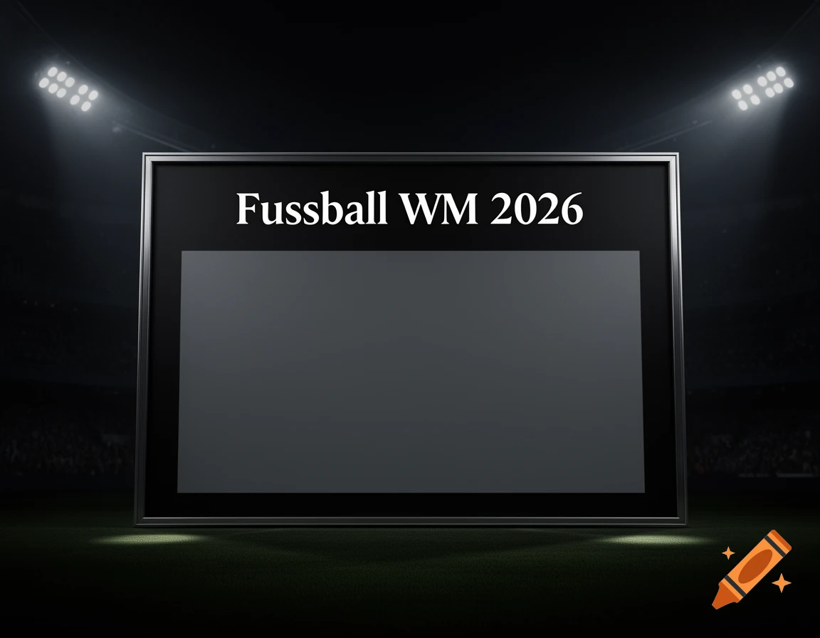 A dark stadium scene with a large screen displaying 'Fussball WM 2026' and a blank area for match entries, illuminated by spotlights.