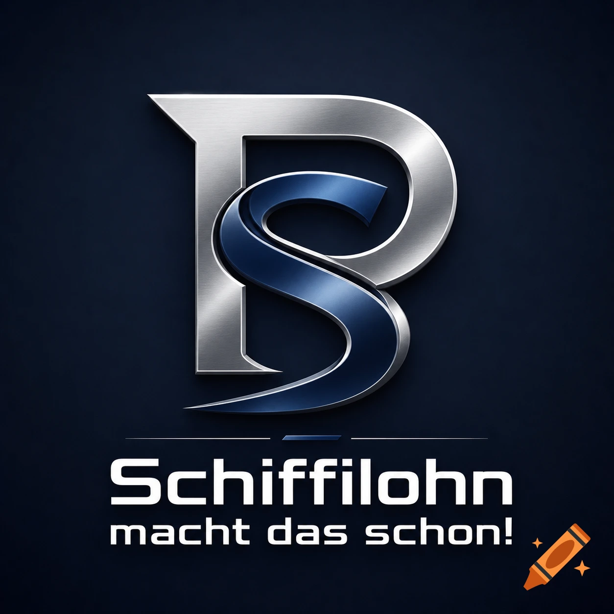 3D metallic logo with intertwined silver 'P' and blue 'S' letters above German text 'Schiffilohn macht das schon!' on dark blue.