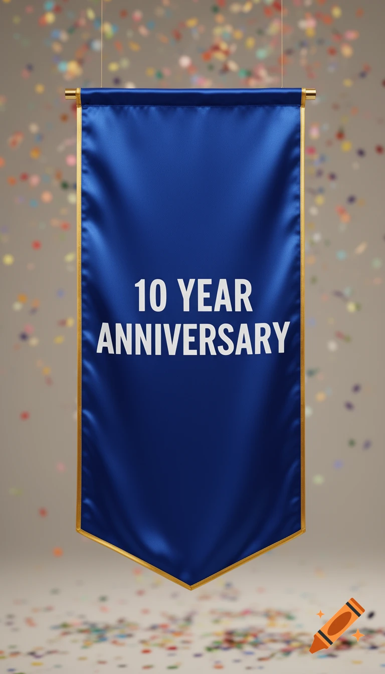 A blue banner with gold trim hangs vertically, displaying "10 YEAR ANNIVERSARY" in white text, surrounded by colorful confetti.