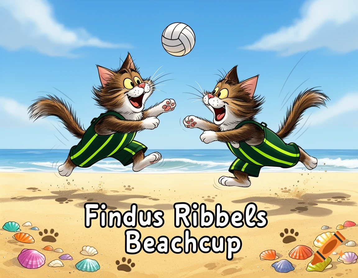 Two cartoon cats in green and yellow striped overalls joyfully playing beach volleyball on a sunny beach, with the text "Findus Ribbels Beachcup" on the sand.