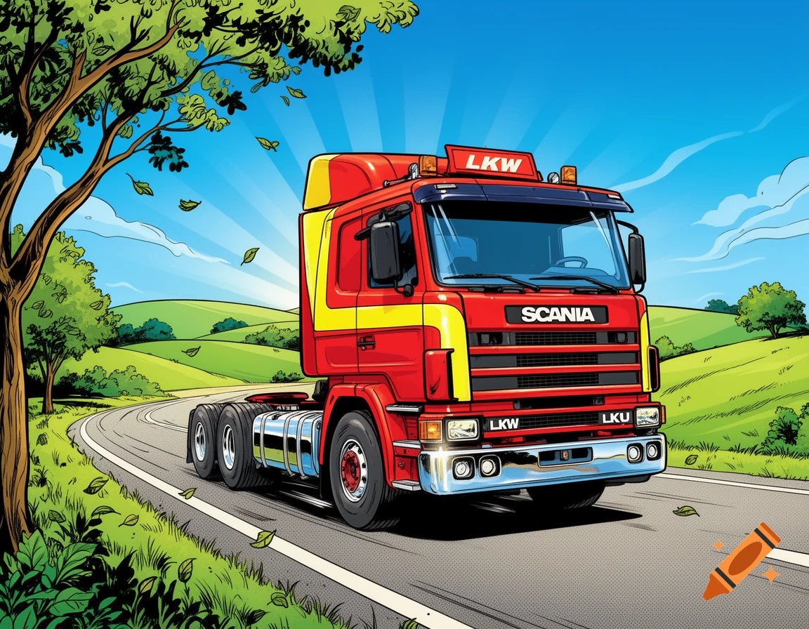A red and yellow semi-truck drives on a winding road through green hills under a blue sky, in a comic book art style.