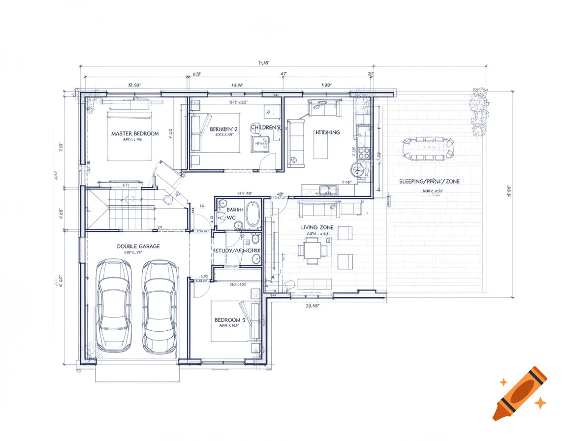 A detailed L-shaped blueprint floor plan in architectural sketch style, showing a master bedroom, two additional bedrooms, a study, double garage, two bathrooms, an open-concept living zone, and a patio.