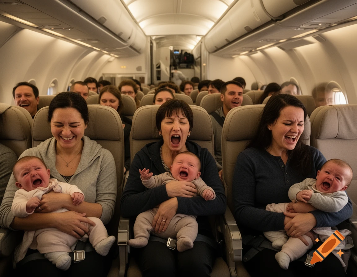 Photorealistic image of a plane cabin filled with crying babies and adults reacting with laughter or shared screams.