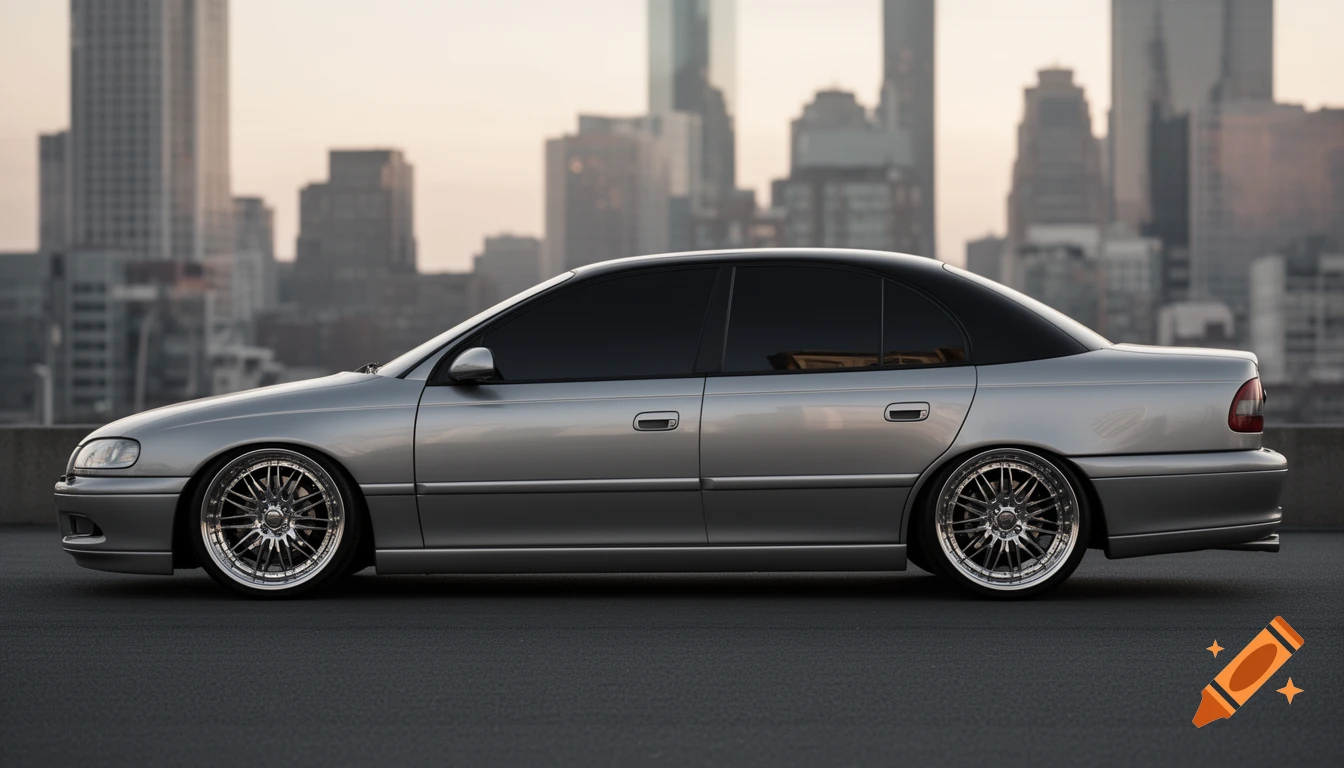 A silver customized 1998 Opel Omega B sedan with a black roof, tinted windows, and multi-spoke alloy wheels, parked against a blurred city skyline at dusk.