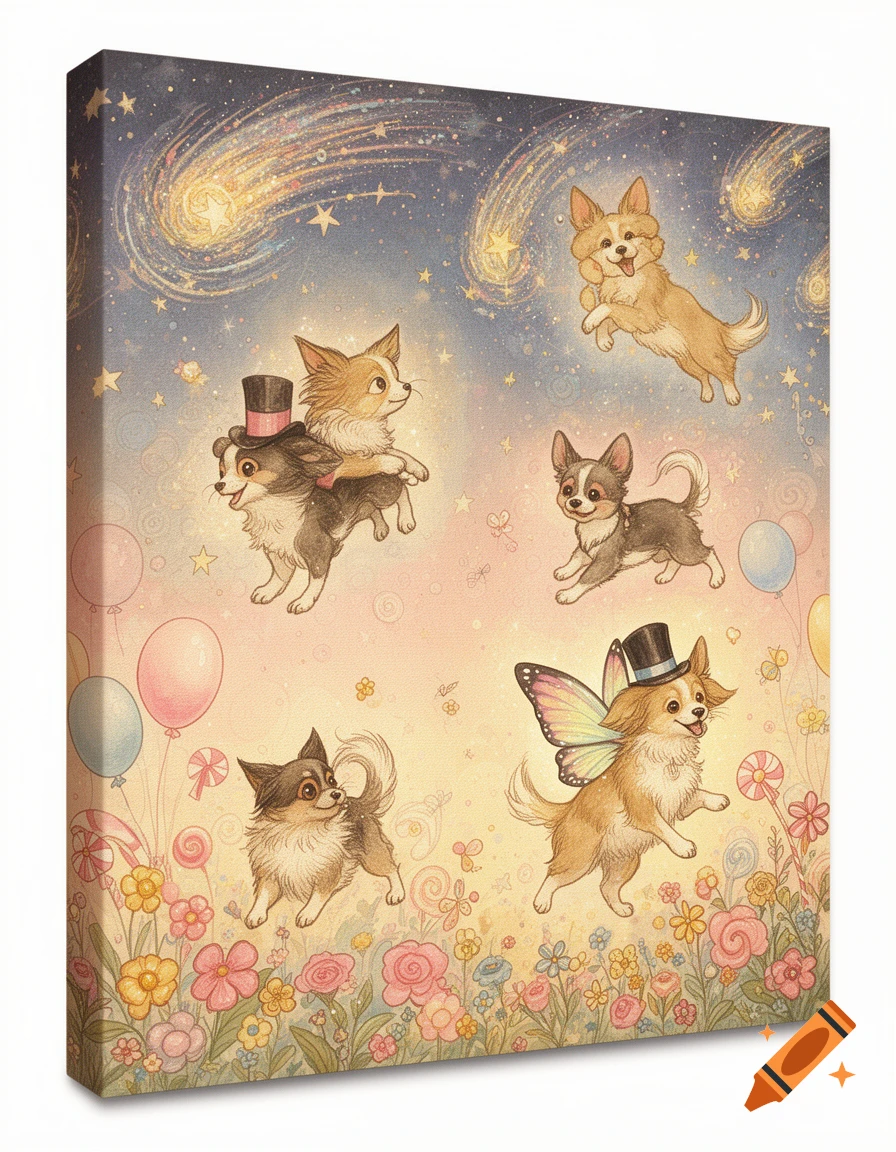 Whimsical illustration of several small dogs in a magical garden under a starry sky with shooting stars, some with hats and wings.