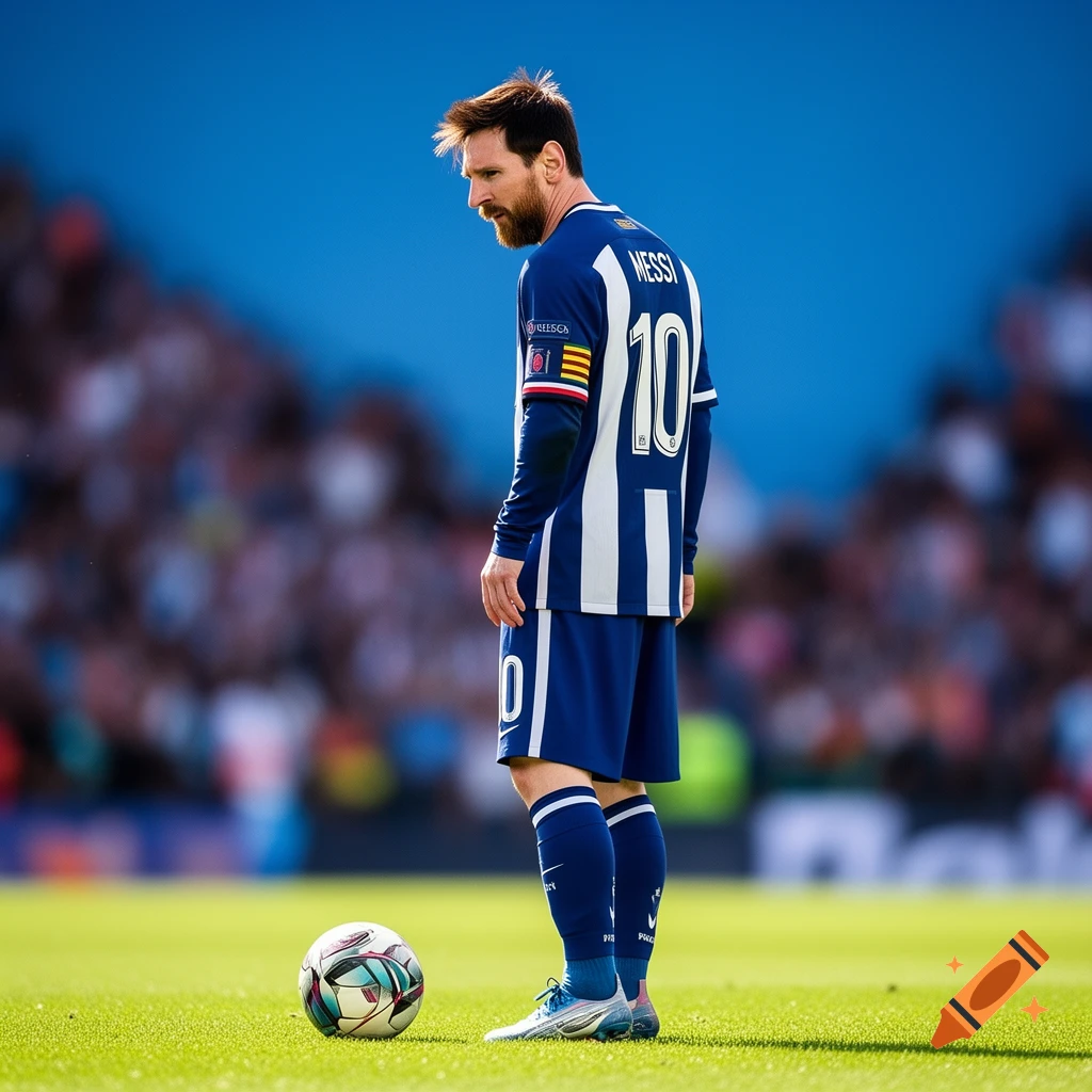 Photorealistic image of soccer player Lionel Messi in a blue and white striped jersey, number 10, standing on a green field with a soccer ball. He looks down, with a stadium visible in the background.