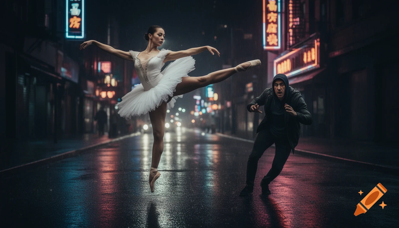 A ballerina in a white tutu performs a high kick on a wet city street at night, with a startled man in a hoodie nearby.
