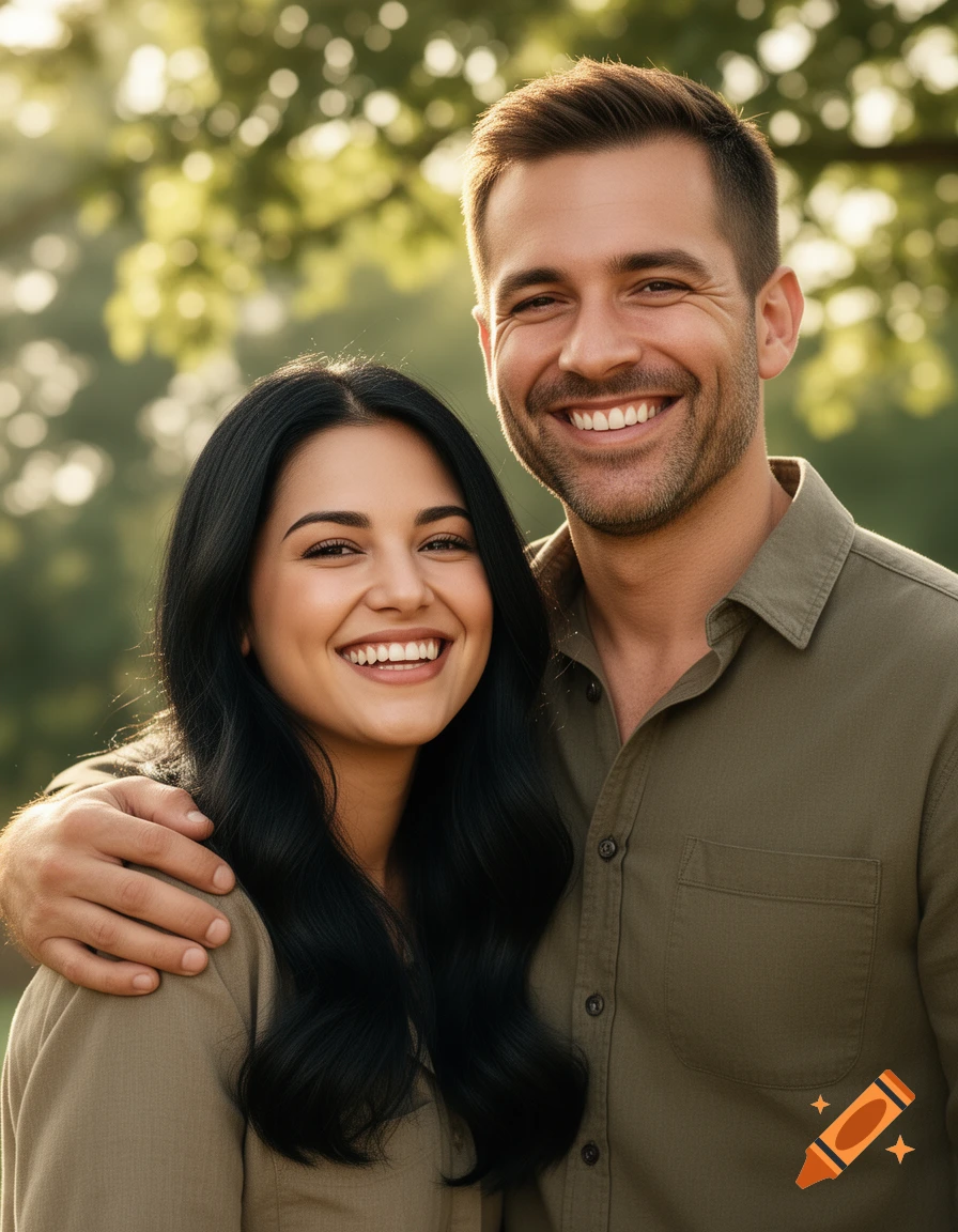 Photorealistic portrait of a smiling man and a woman with black hair outdoors.