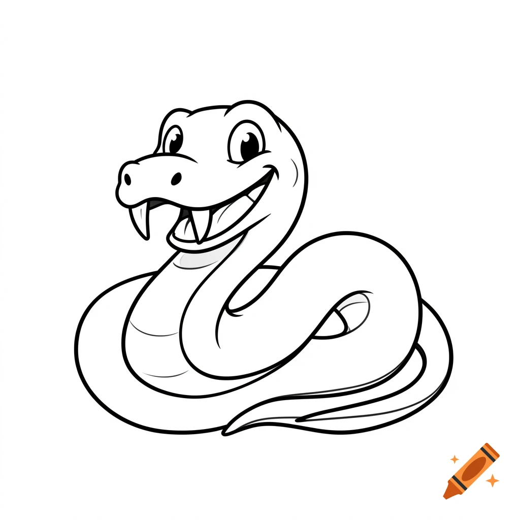 Black and white cartoon illustration of a smiling snake with prominent fangs and simple lines.