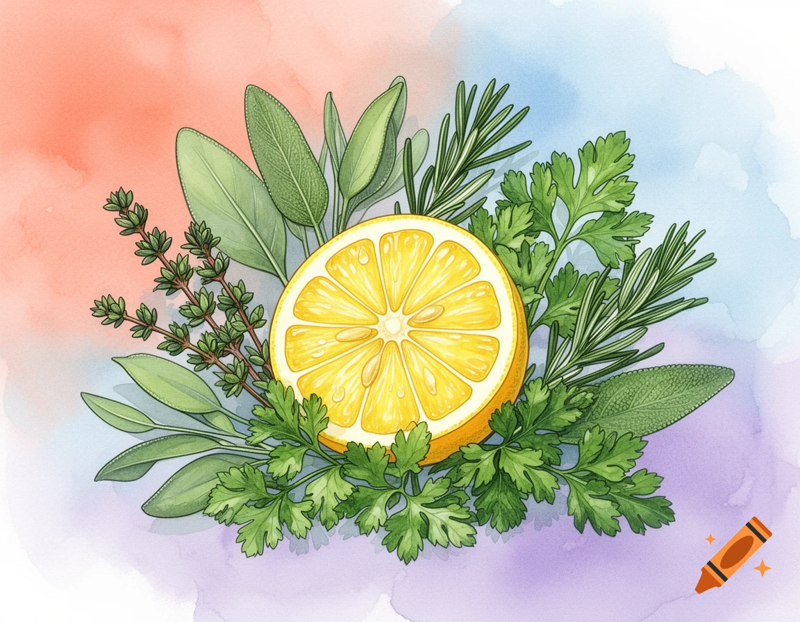 A watercolor illustration of a lemon slice surrounded by thyme, sage, rosemary, and parsley on a colorful background.