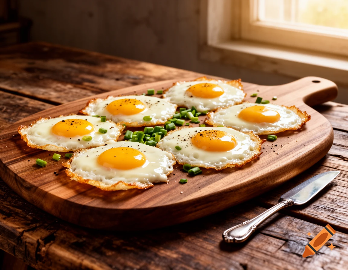 Six fried eggs with sunny-side-up yolks and crispy whites, garnished with chives, on a rustic wooden board, with a knife.