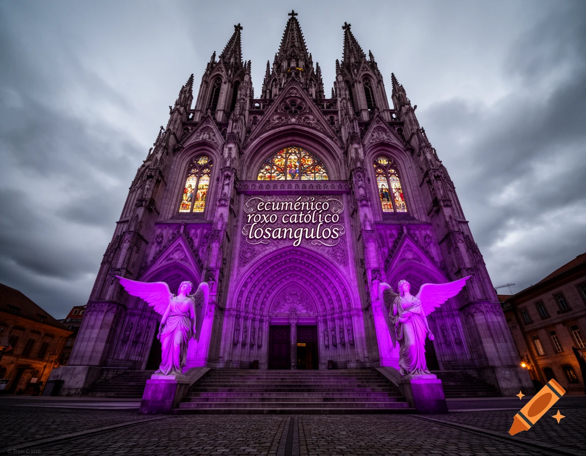A grand Gothic cathedral with intricate spires and stained glass, bathed in vibrant purple light, featuring two illuminated angel statues and text on its facade, under a cloudy sky.