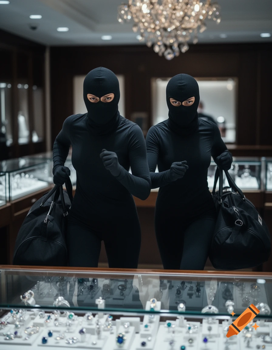 Two masked figures in black, carrying large bags, stand in a jewelry store filled with display cases of rings and necklaces.