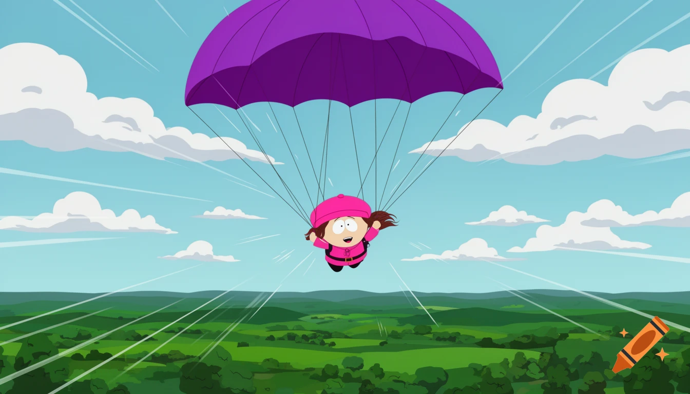 A cartoon girl, Wendy Testaburger, skydives with a purple parachute over a green landscape with white clouds, in a cartoon style.