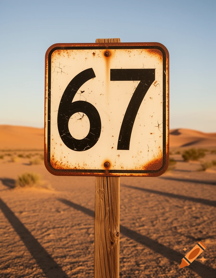 A rusty road sign displaying the number 67 stands in a vast, sunny desert landscape with sand dunes under a clear sky.