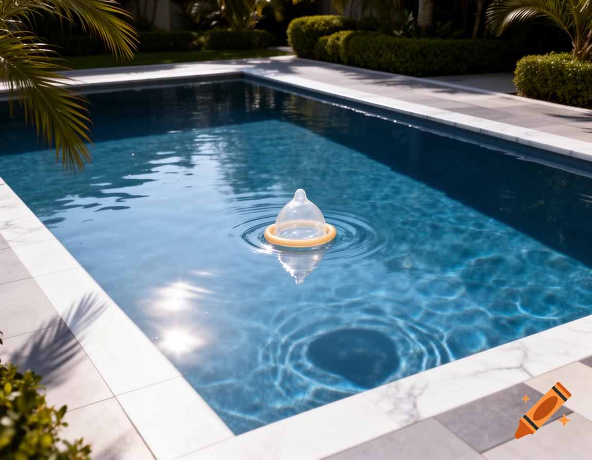 A transparent condom with a yellow base floats on the clear blue water of a luxurious swimming pool, surrounded by green foliage.