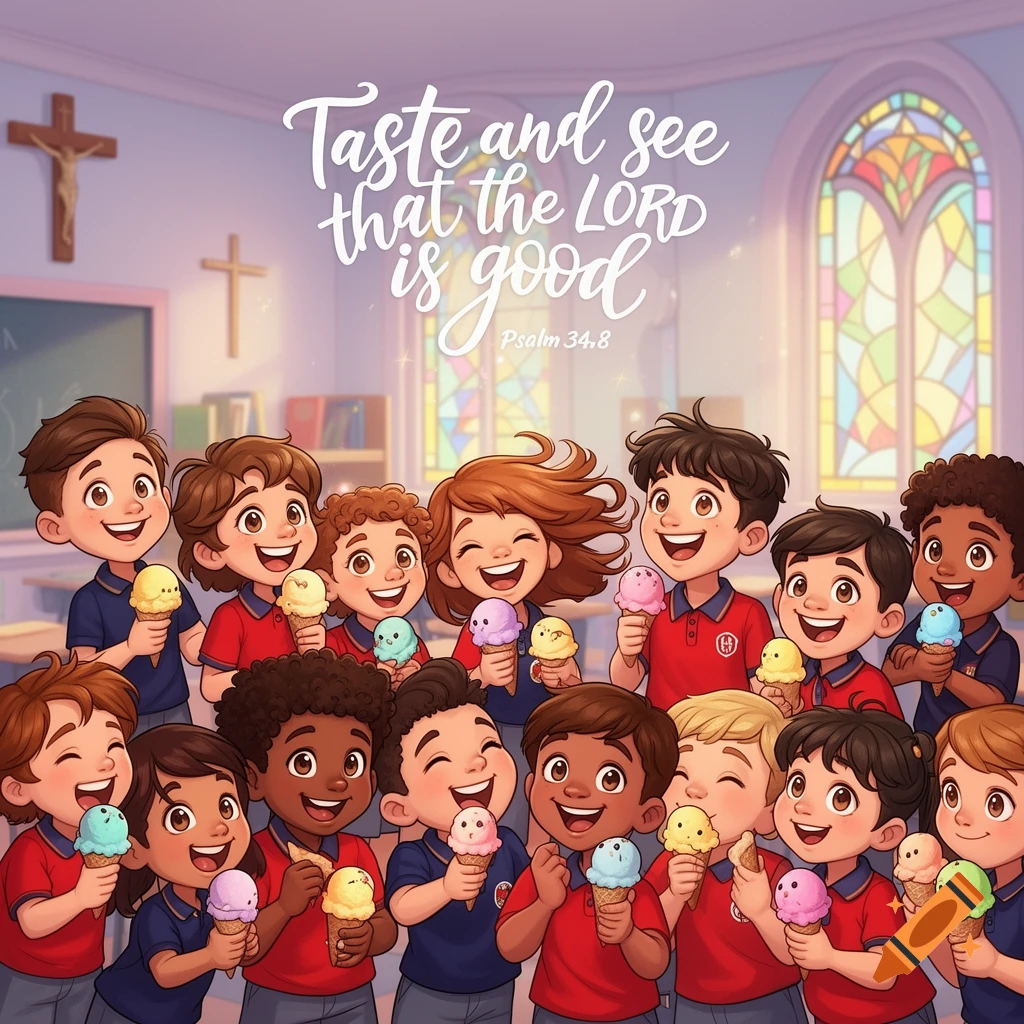 Happy cartoon children in school uniforms eat ice cream under a Bible verse, crosses, and stained-glass window in a classroom.