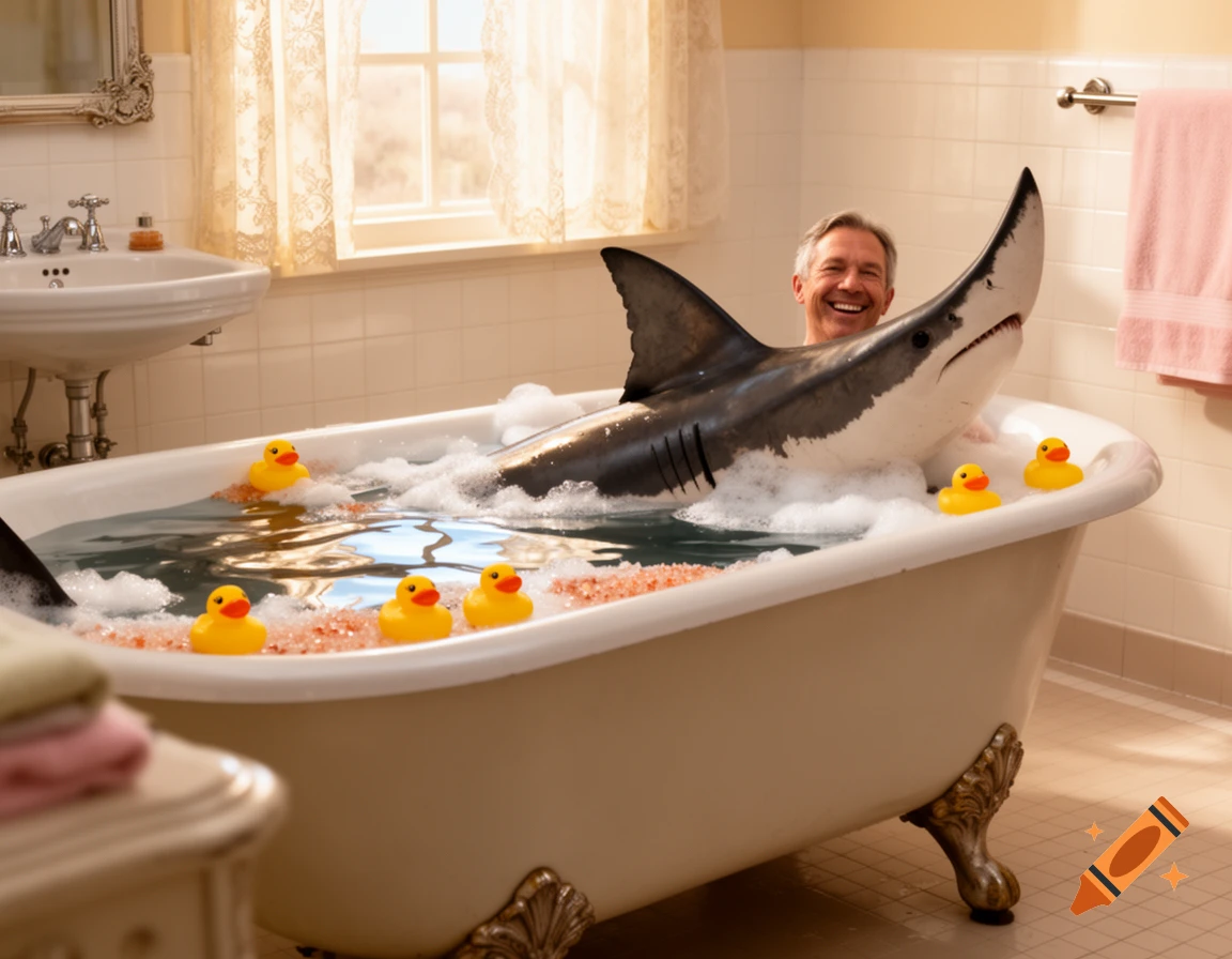 A man smiles from behind a large shark fin in a bubble bath, surrounded by rubber ducks in a sunny bathroom.