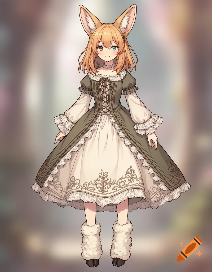 Anime-style girl with fennec fox ears, heterochromia, and light brown hair, wearing a medieval dress and sheep-like boots, smiling.