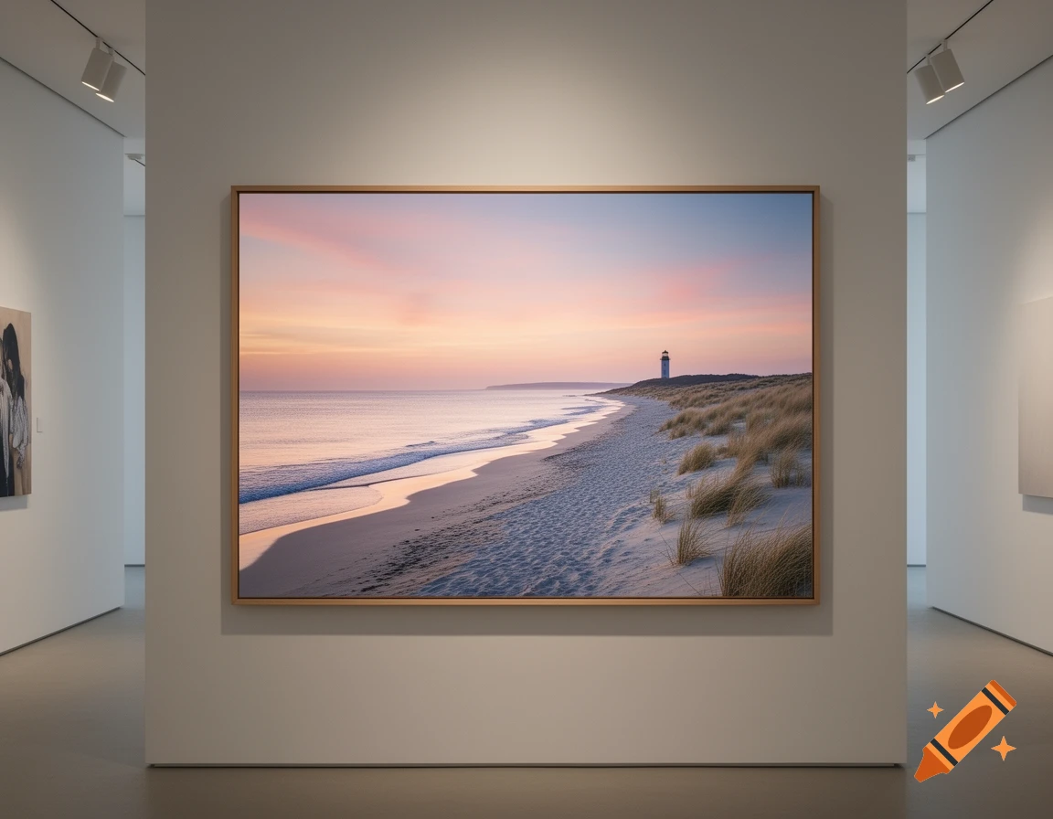 A large framed painting of a sandy beach with a lighthouse at sunset hangs on a white wall in a modern art gallery.