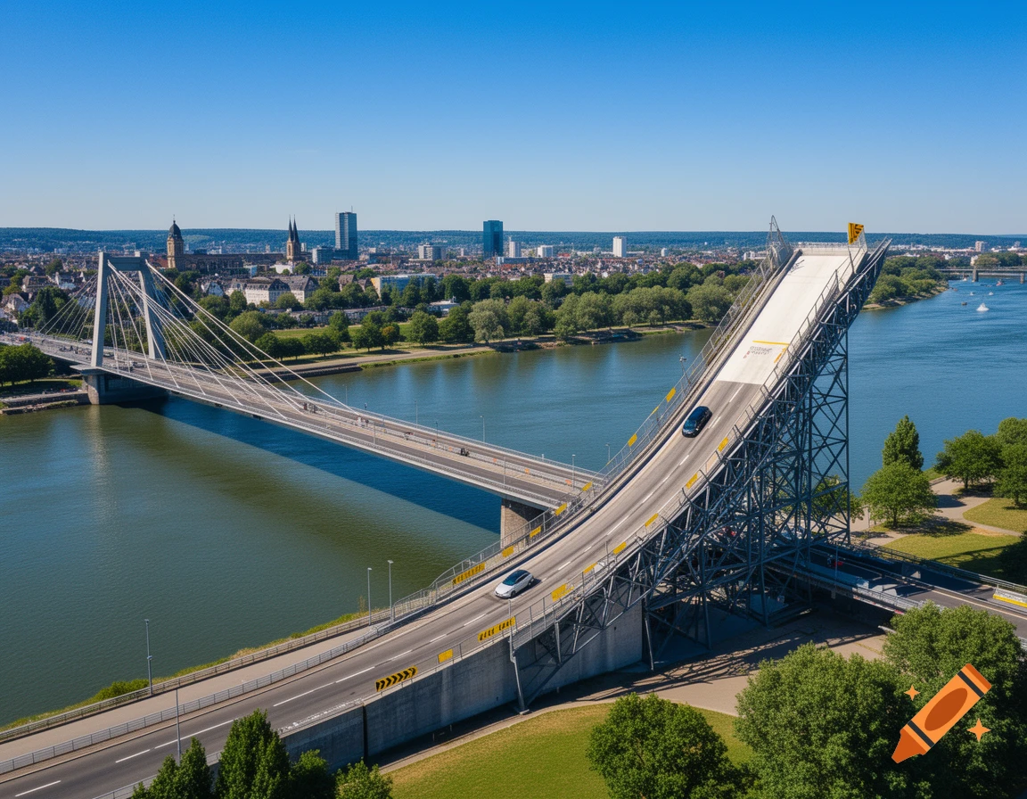 An aerial view shows a long cable-stayed bridge spanning a wide river, with a large, steep car jump structure beside it. A distant city skyline is visible under a clear blue sky.