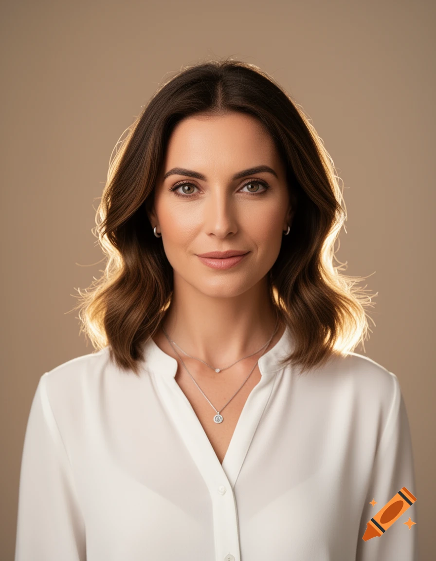 Photorealistic portrait of a woman with brown wavy hair, wearing a white collared shirt and two silver necklaces, looking at the camera.
